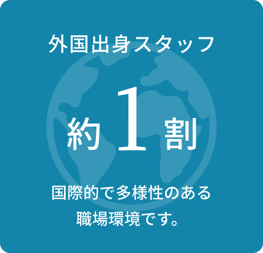 6. 外国出身スタッフ。外国出身のスタッフは約1割です。国際的で多様性のある職場環境です。